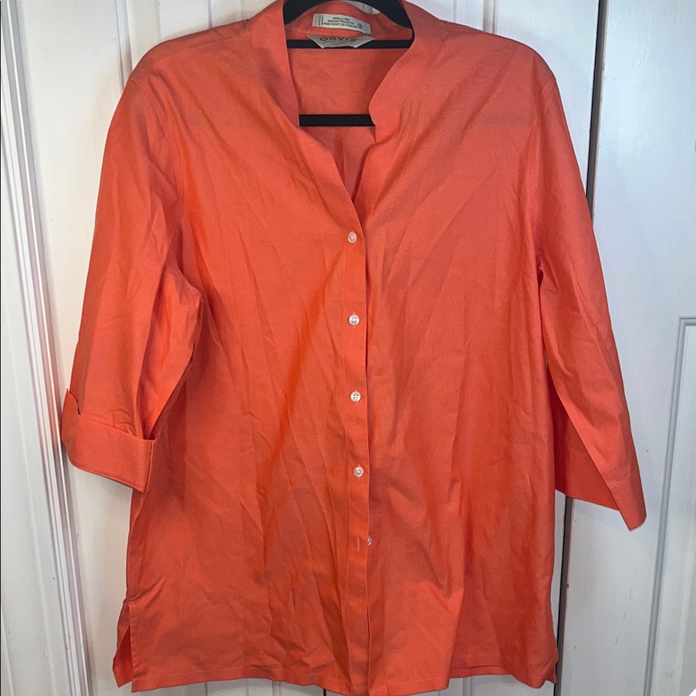 Orvis Salmon SZ 16 womens 3/4 sleeve button up casual blouse vacation top
